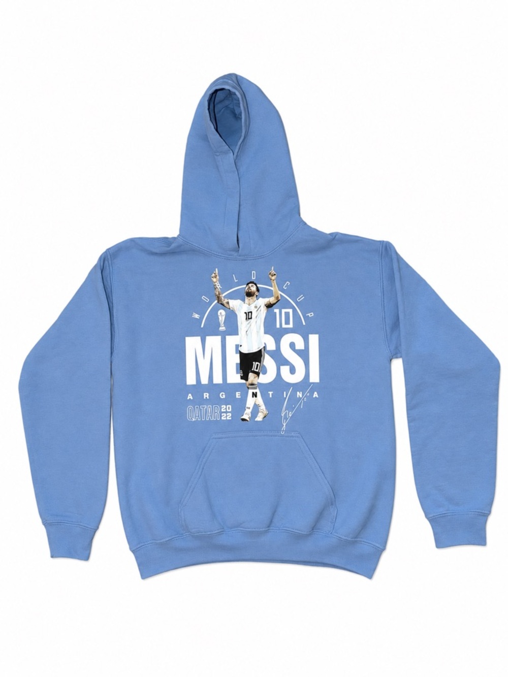 Messi Argentina World Cup 2022 Hoodie Youth Large Blue Gildan Heavy Blend